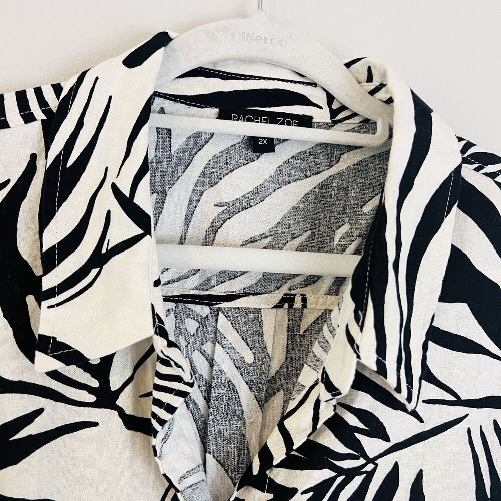 Rachel Zoe Linen Black & White Palm Frond Tropical Blouse Resort Wear Plus 2X - Picture 2 of 11